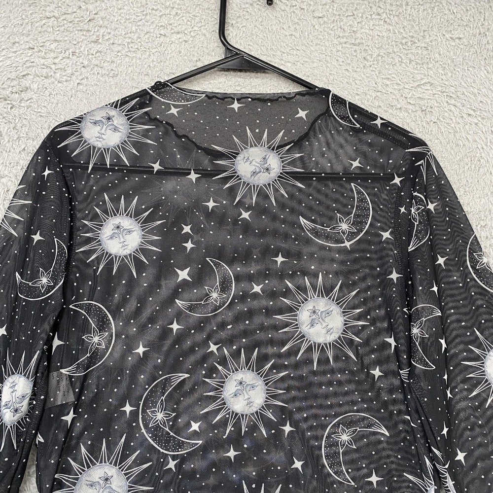 Y2K Mesh Crop T-Shirt Womens XL Black Celestial Moon Sun Sheer Top Whimsical - Picture 11 of 13